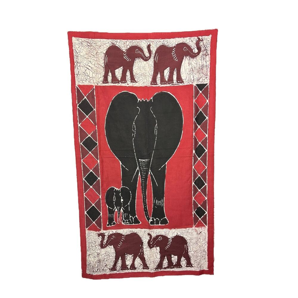 African Batik Fabric Wall Art Figural Elephants Cloth 60” Long X 37” Width READ
